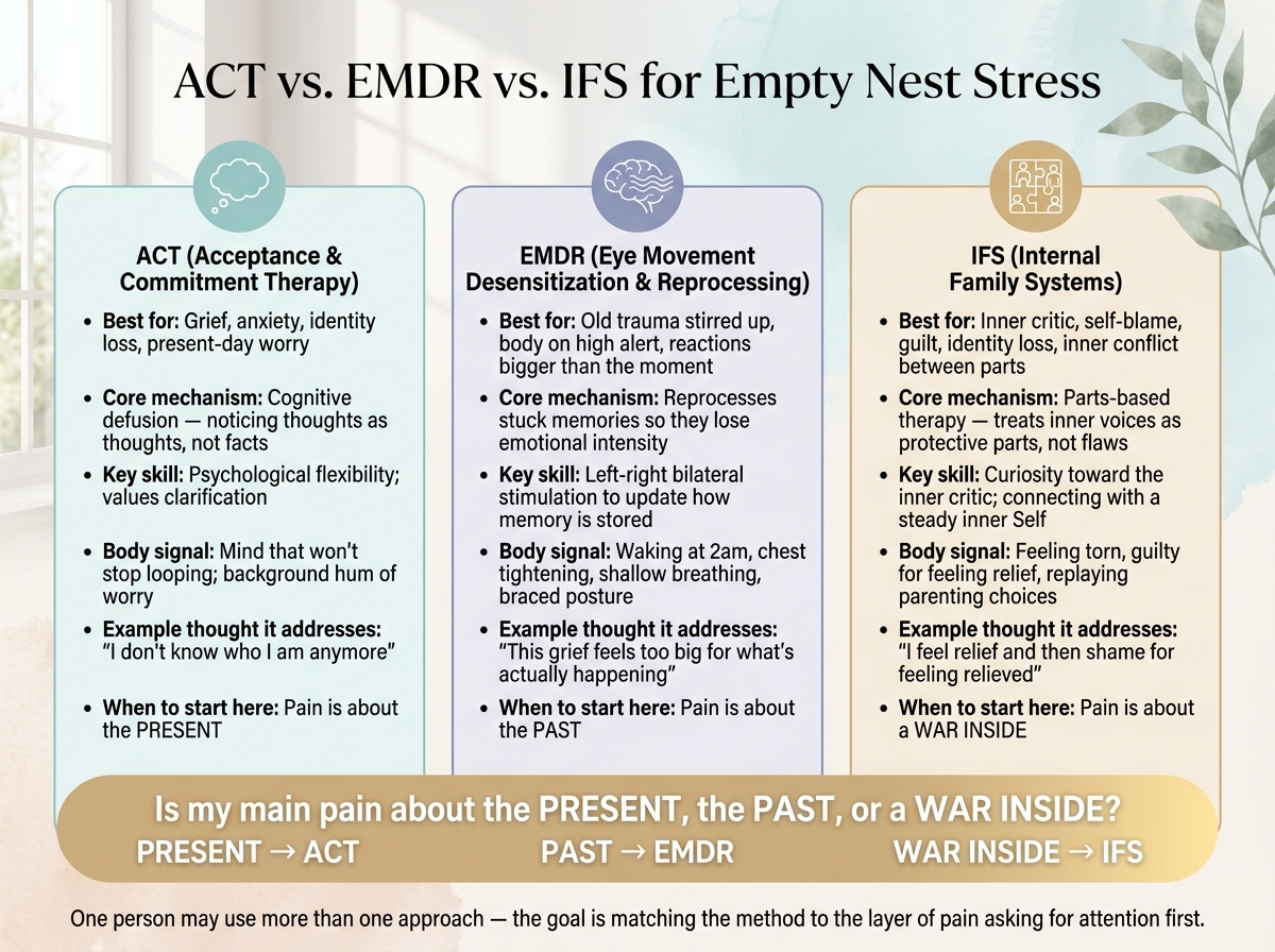ACT vs EMDR vs IFS for Empty Nest Stress: Which Therapy Fits You?