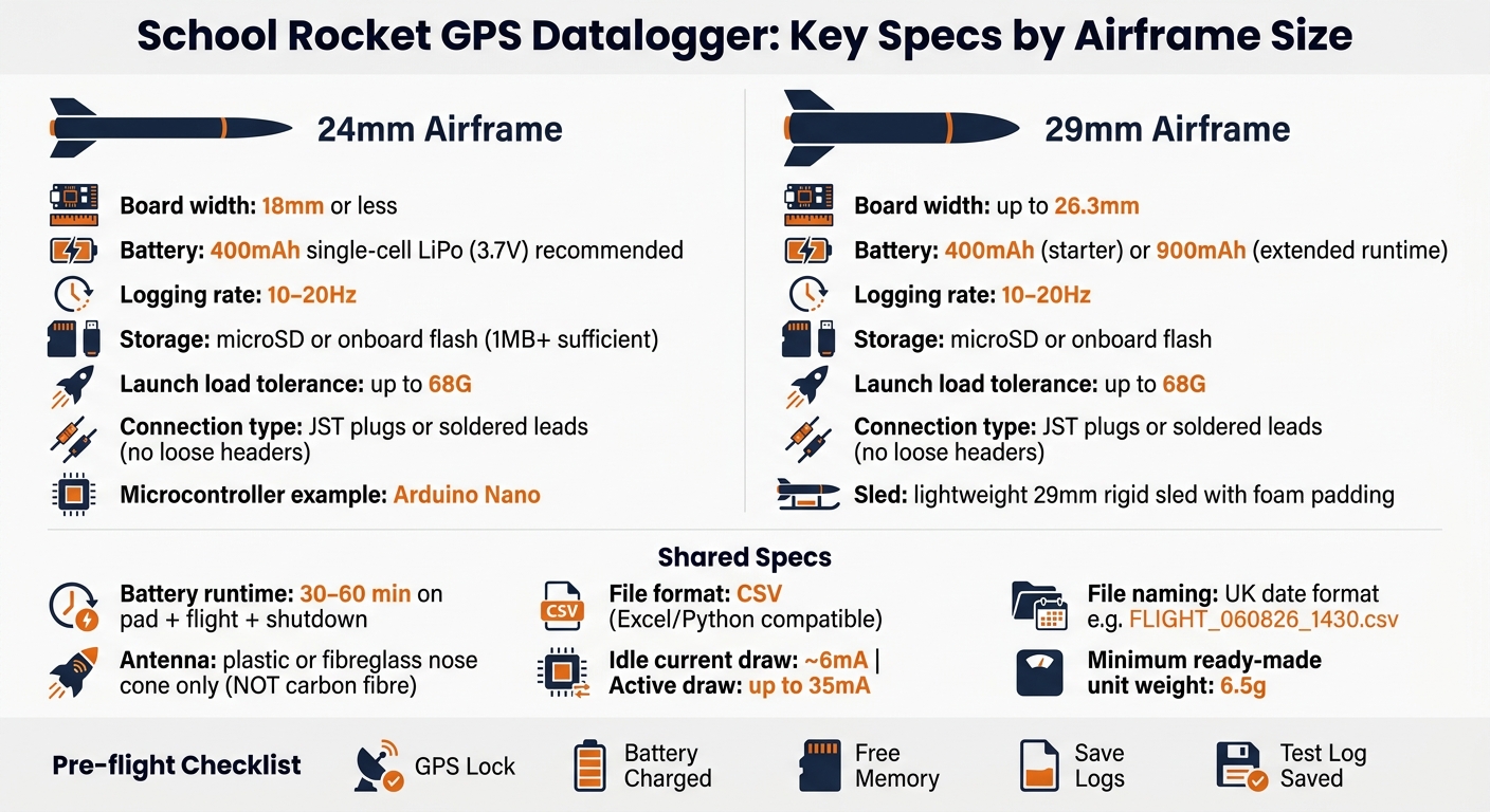 School Rocket GPS Datalogger: 24mm vs 29mm Airframe Specs at a Glance