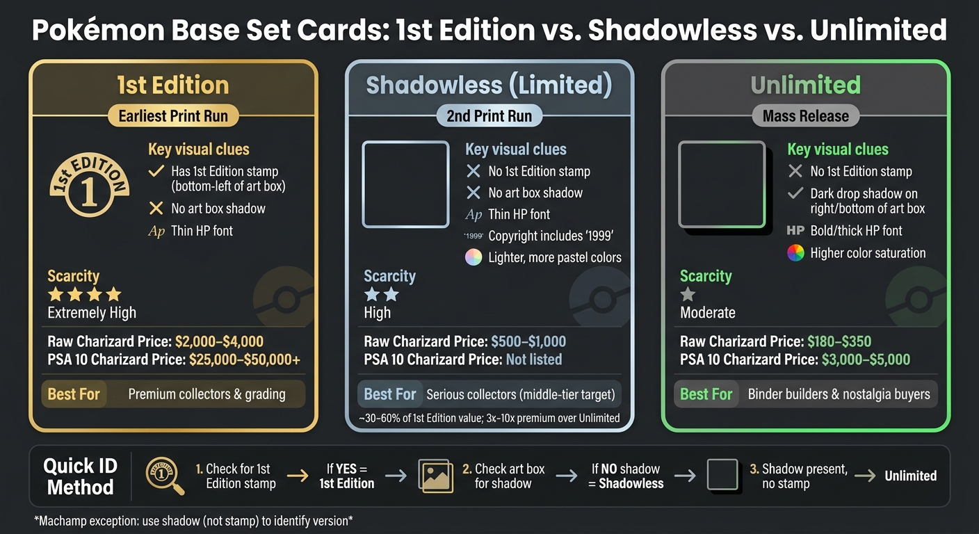 Pokémon Base Set Cards: 1st Edition vs Shadowless vs Unlimited