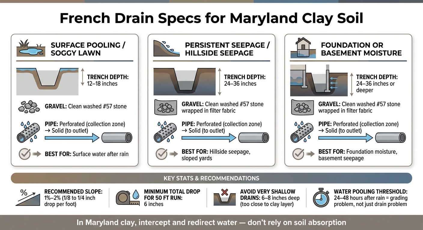 French Drain Specs for Maryland Clay Soil: Depth, Gravel & Pipe Guide