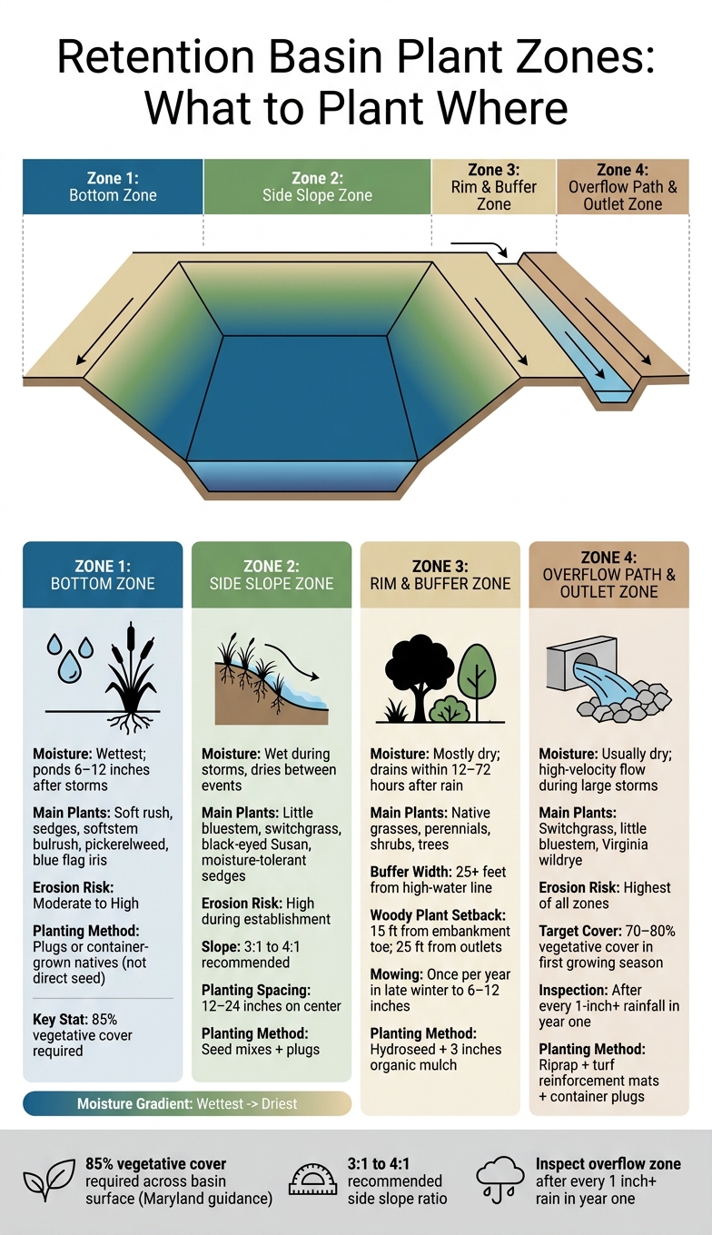 Retention Basin Plant Zones: Moisture, Plants & Erosion Risk by Zone