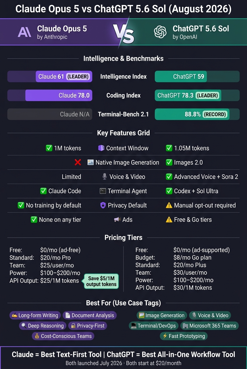 Claude Opus 5 vs ChatGPT 5.6 Sol: Full Feature & Pricing Comparison (2026)