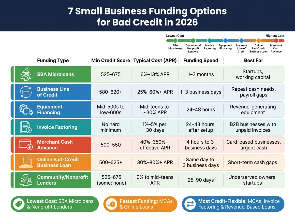 7 Small Business Funding Options for Bad Credit: Cost, Speed & Requirements (2026)