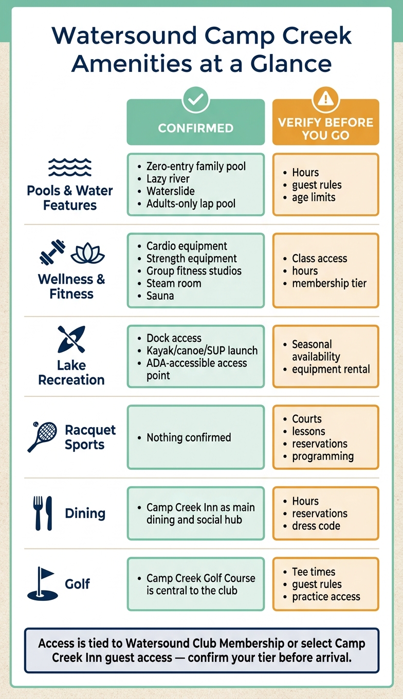 Watersound Camp Creek Amenities: Confirmed vs. Verify