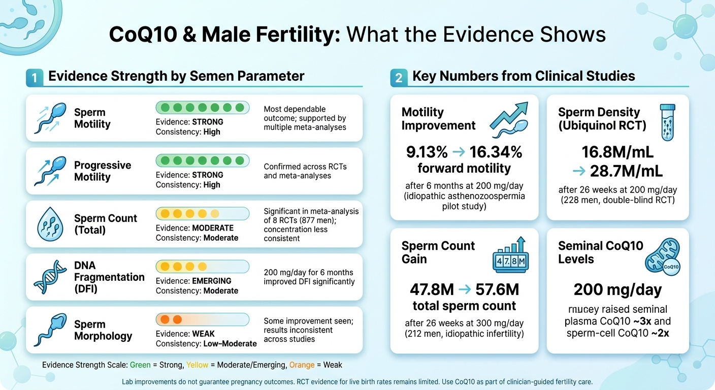 CoQ10 for Male Fertility: Evidence Strength by Semen Parameter