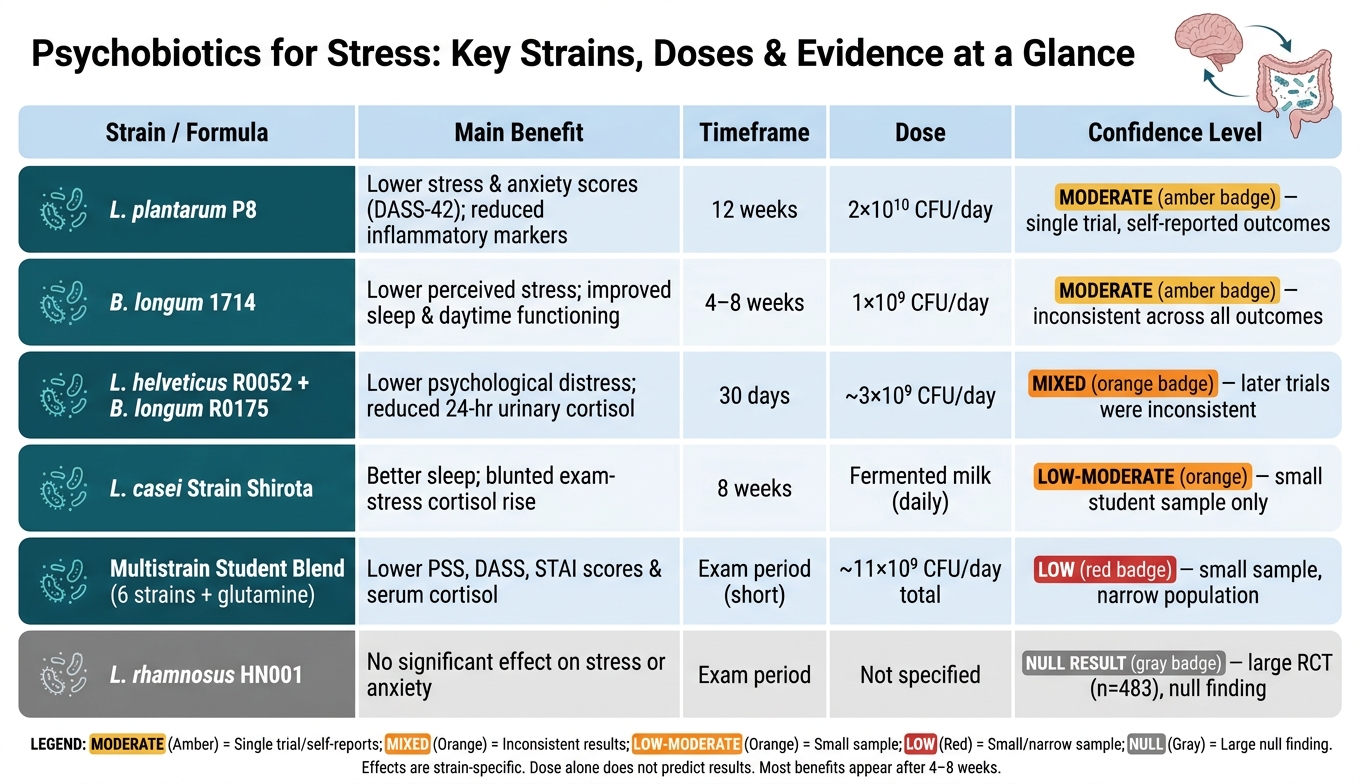 Psychobiotics for Stress: Key Strains, Doses & Evidence at a Glance