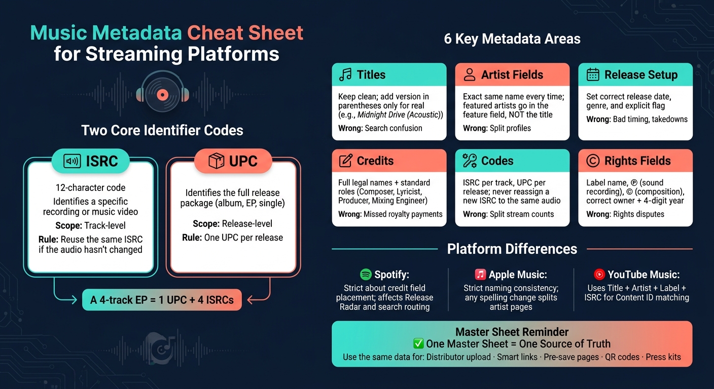 Music Metadata Cheat Sheet: ISRC, UPC & Key Fields for Streaming Platforms