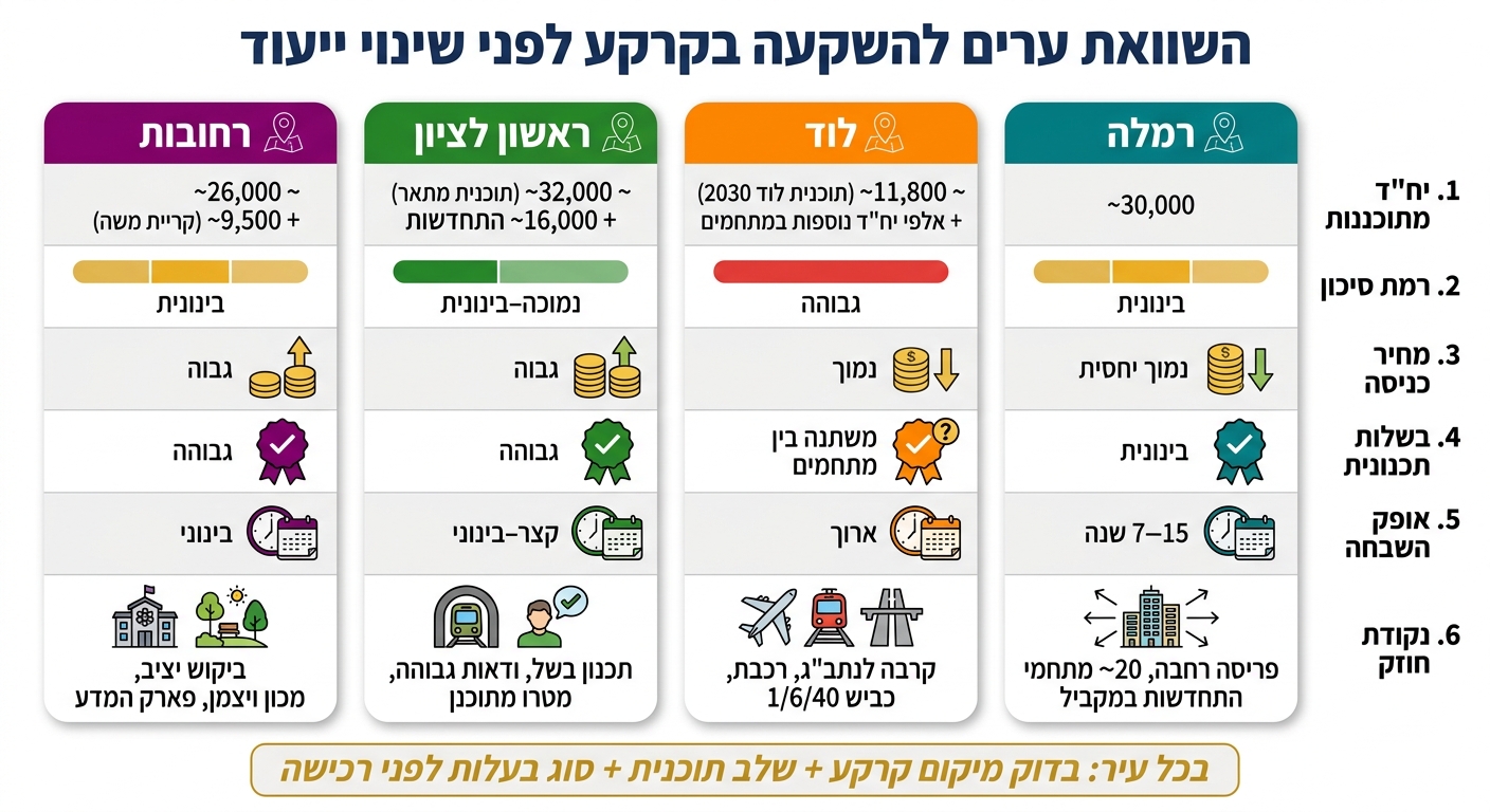 השוואת ערים להשקעה בקרקע לפני שינוי ייעוד – רמלה, לוד, ראשון לציון, רחובות