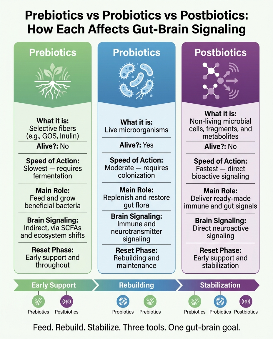 Prebiotics vs Probiotics vs Postbiotics: Brain Signal Roles Compared