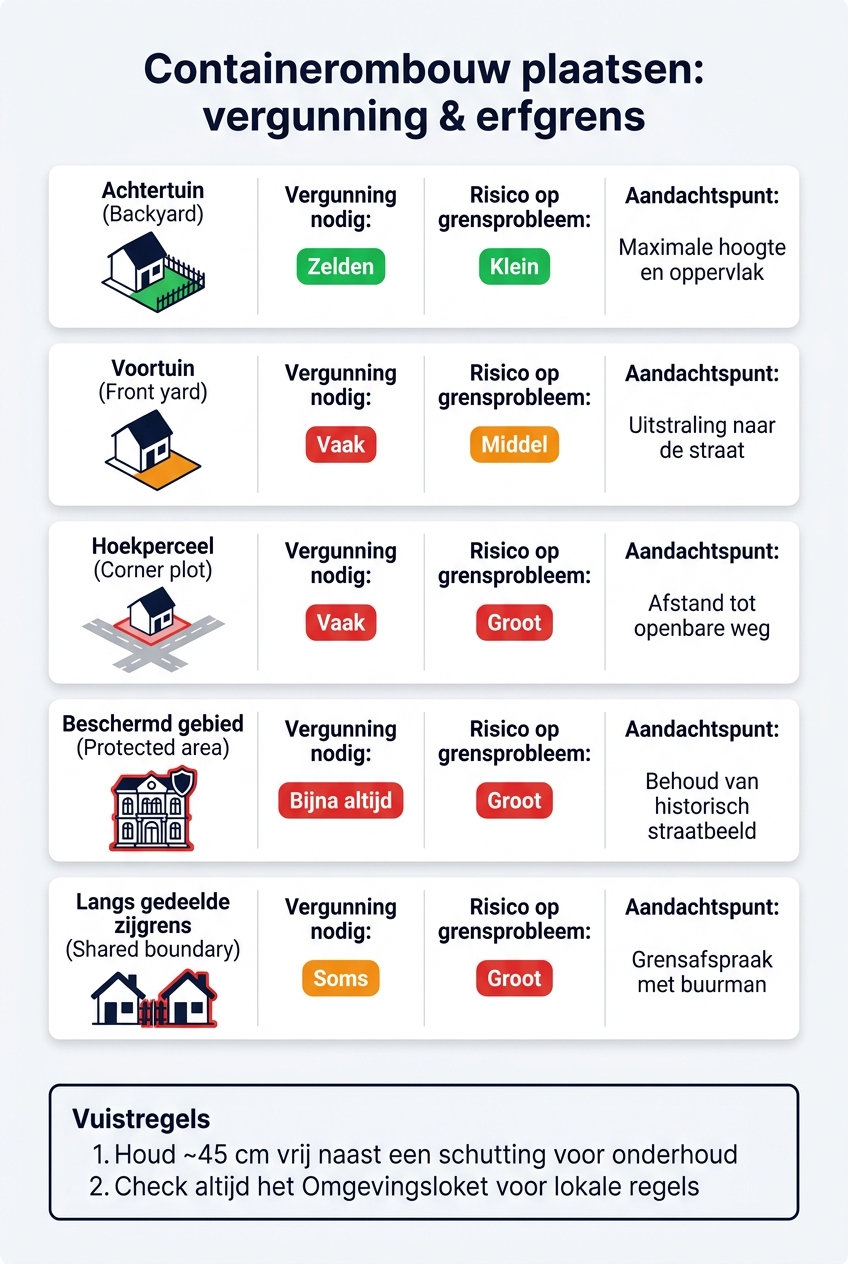 Containerombouw plaatsen: vergunning en erfgrens per situatie