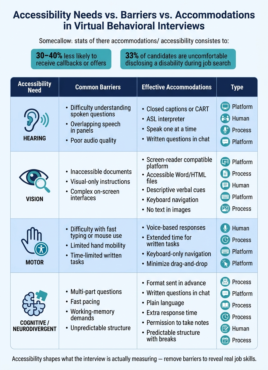 Accessibility Barriers in Virtual Behavioral Interviews: Needs, Barriers & Accommodations