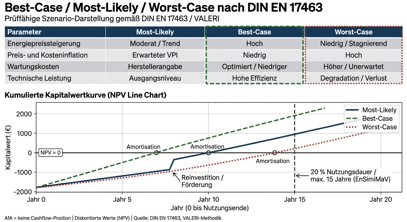 Best-Case vs. Most-Likely vs. Worst-Case: NPV-Szenarien nach DIN EN 17463