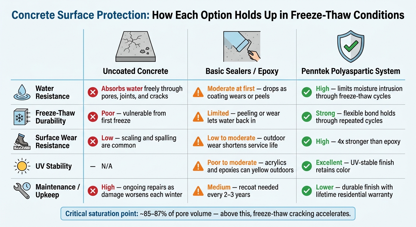 Why Outdoor Concrete Fails In Freeze-Thaw Cycles 1 Uncoated Concrete Vs. Basic Sealers Vs. Polyaspartic Coating: Freeze-Thaw Performance