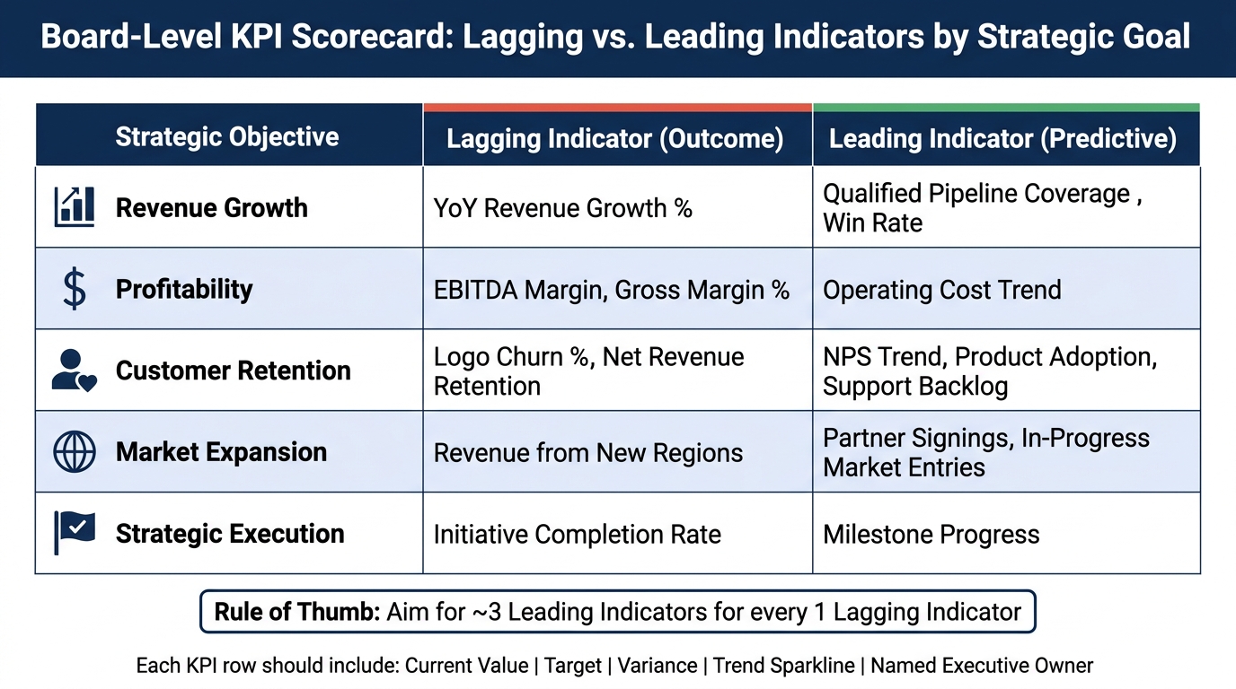 Executive Dashboard KPI Scorecard: Lagging vs. Leading Indicators by Strategic Goal