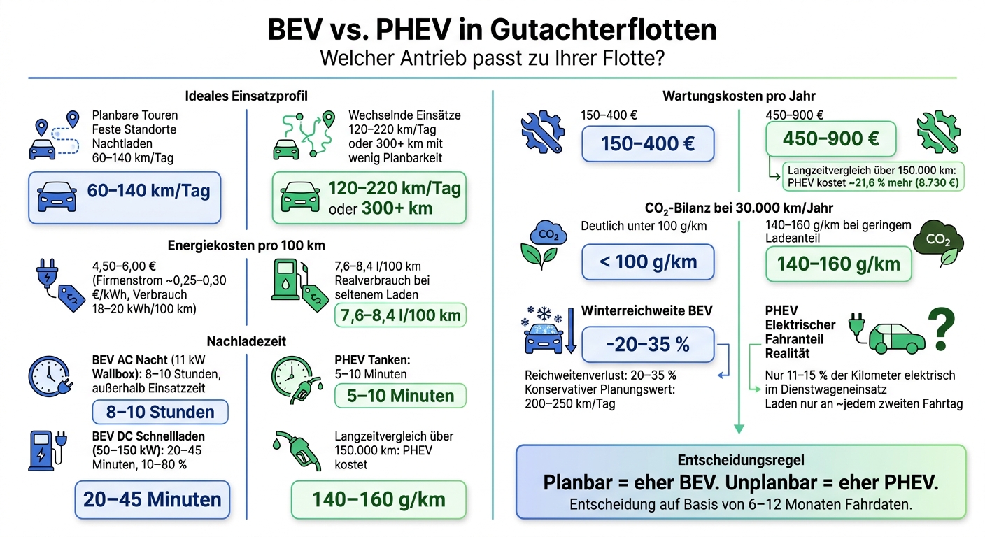 BEV vs. PHEV in Gutachterflotten: Kosten, Reichweite & Einsatz im Vergleich