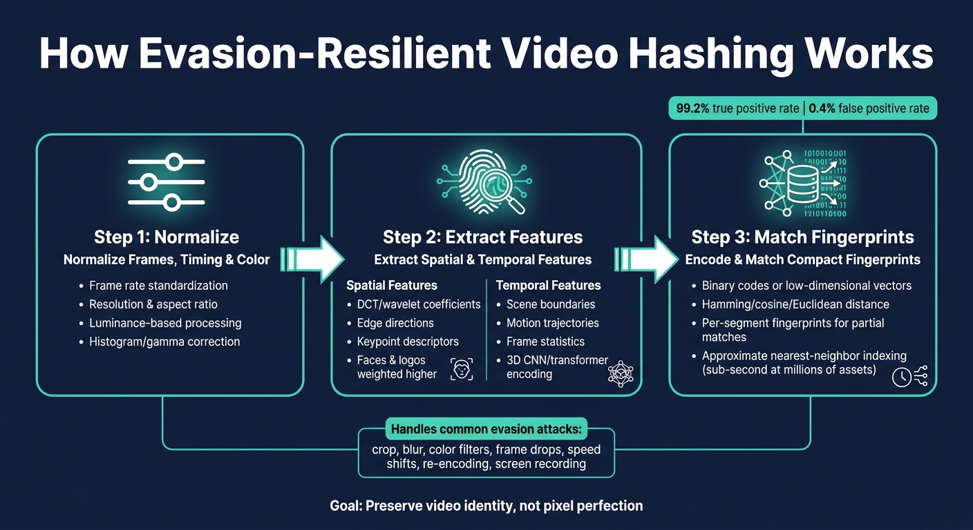 How Evasion-Resilient Video Hashing Works: 3-Step Pipeline