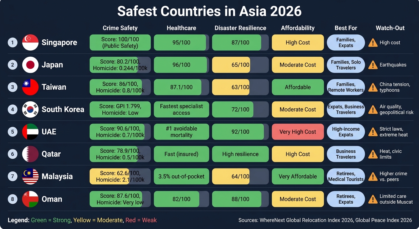 Safest Countries in Asia 2026: Side-by-Side Comparison