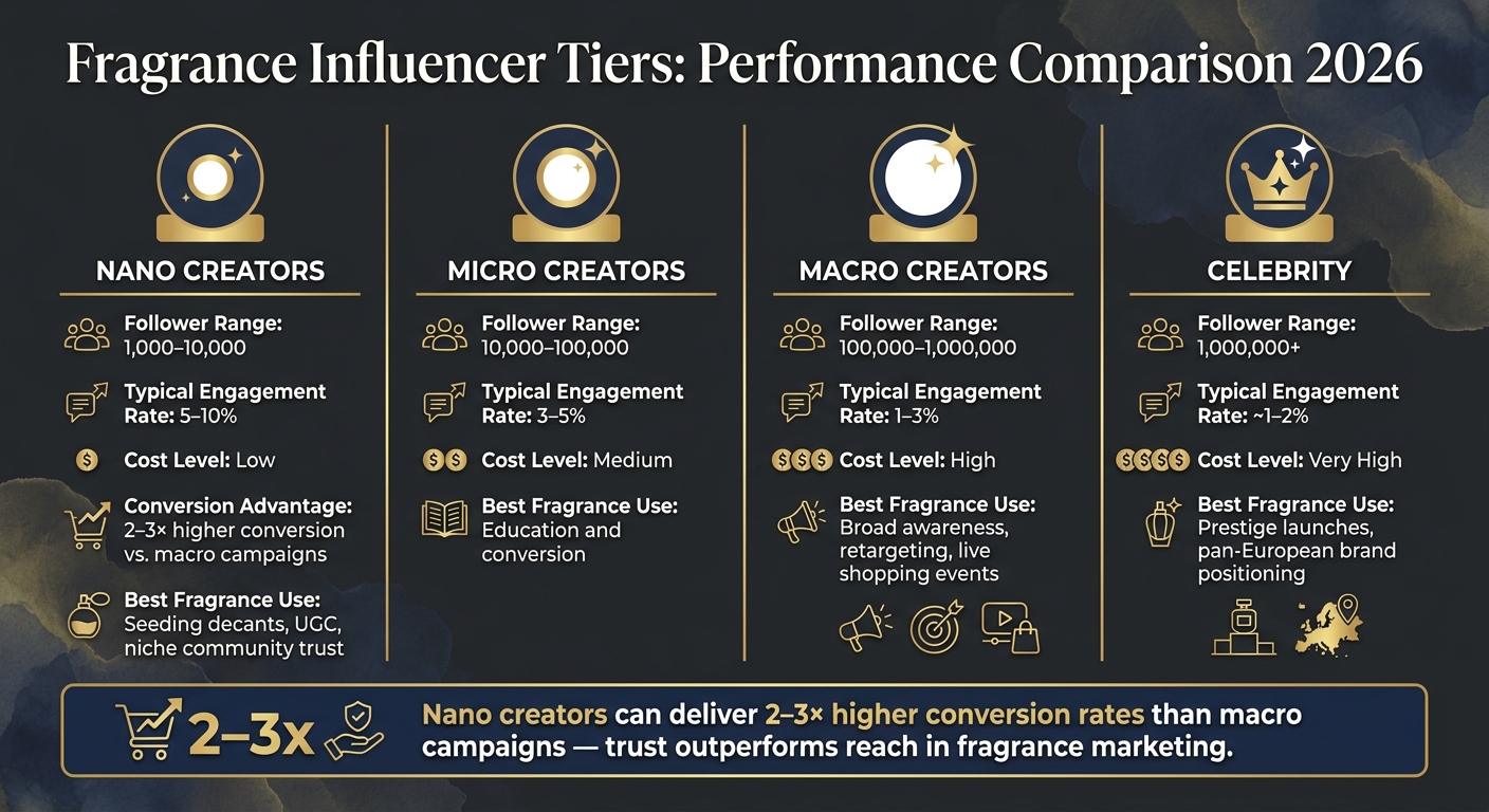Fragrance Influencer Tiers: Engagement, Cost & Conversion in 2026