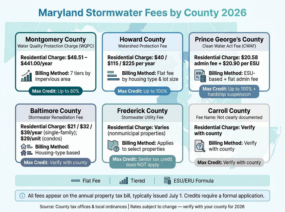 Maryland Stormwater Fees by County 2026: Side-by-Side Comparison