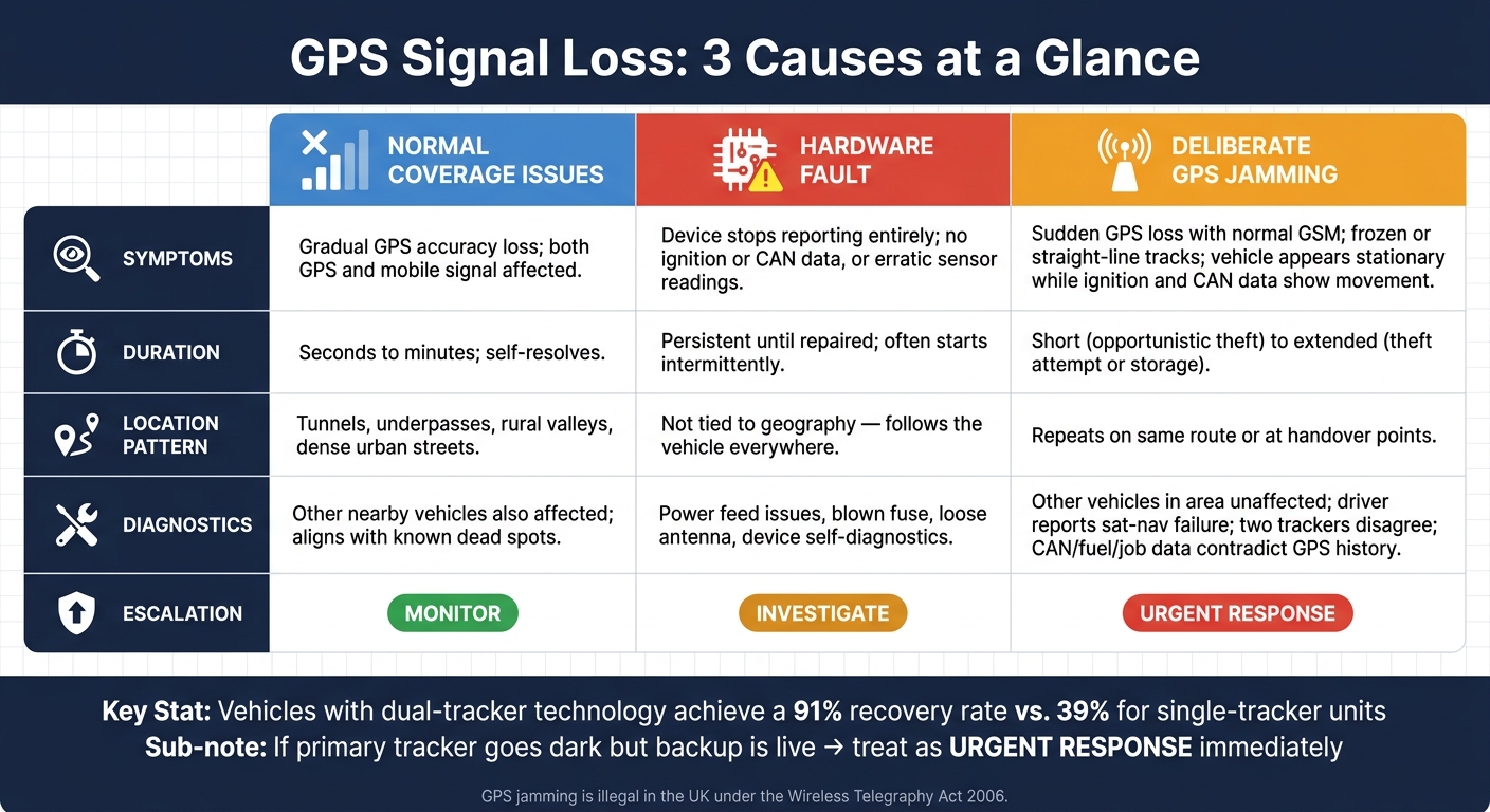 GPS Jamming vs. Coverage Gap vs. Device Fault: How to Tell the Difference