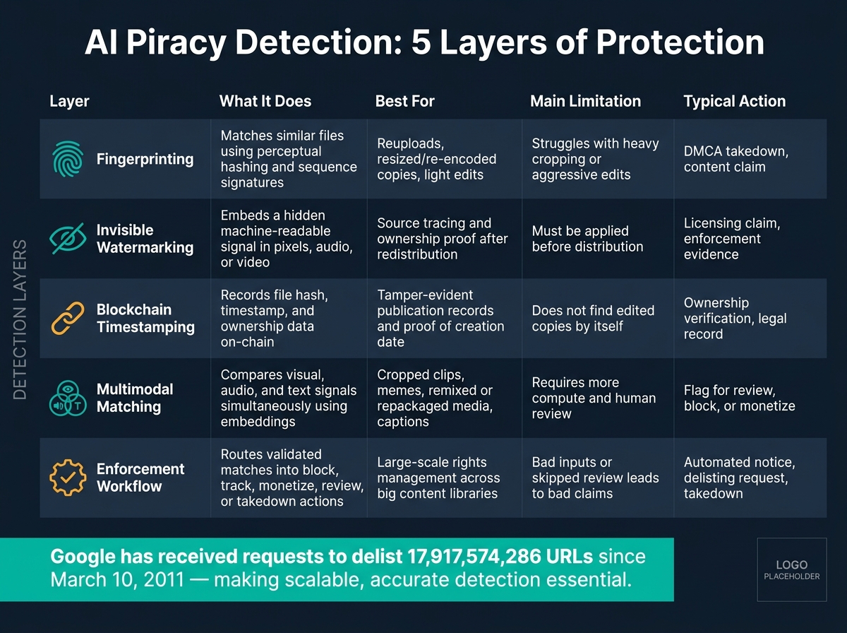 AI Piracy Detection Layers: Tools, Strengths & Actions