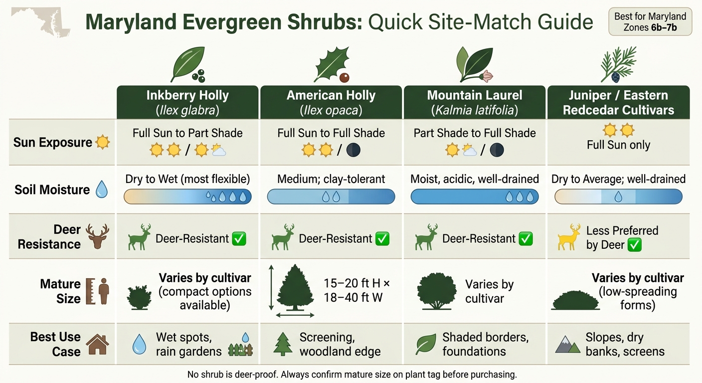 Maryland Evergreen Shrubs: Quick Site-Match Guide