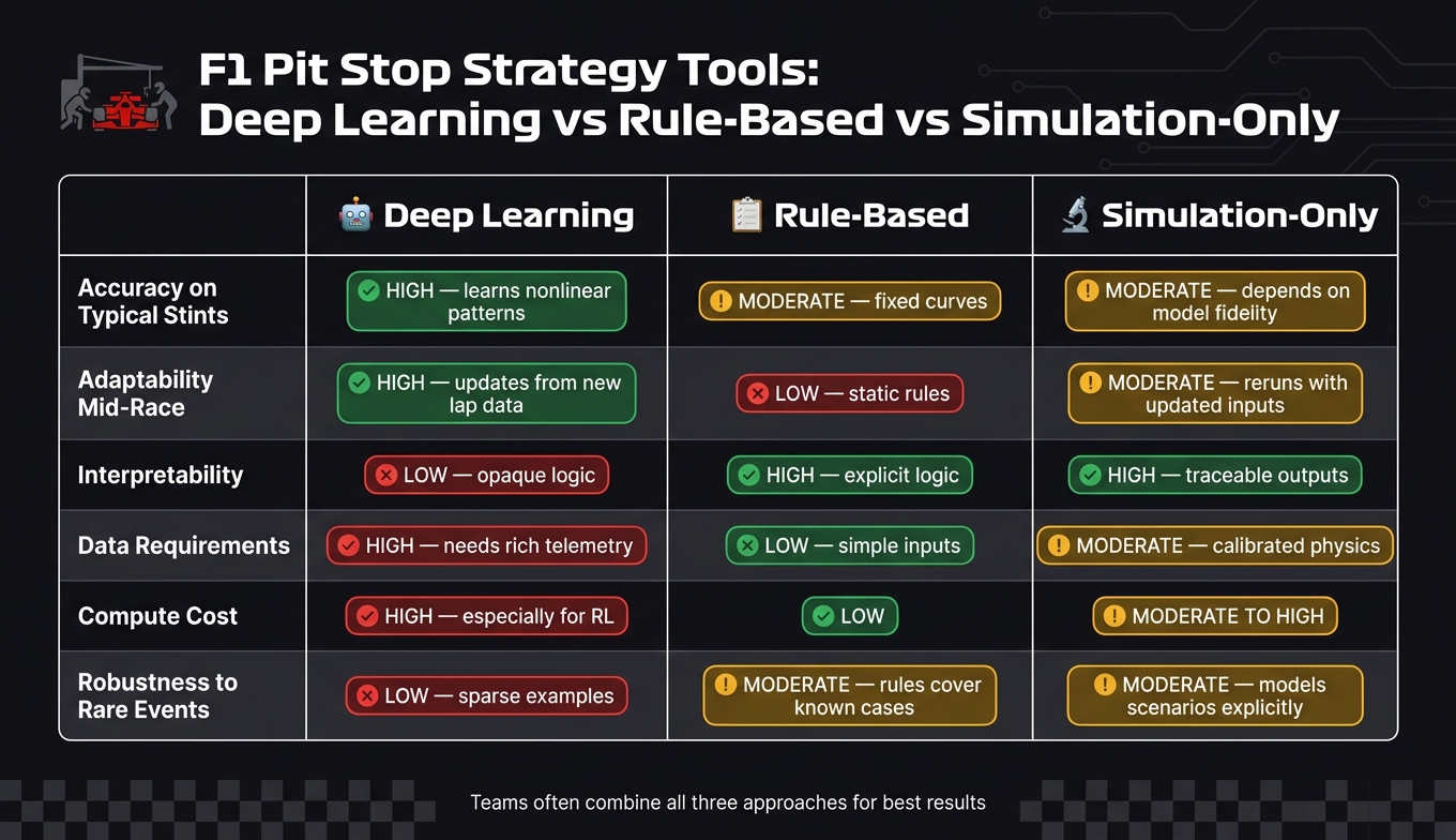 Deep Learning vs Rule-Based vs Simulation: F1 Pit Stop Strategy Tools Compared