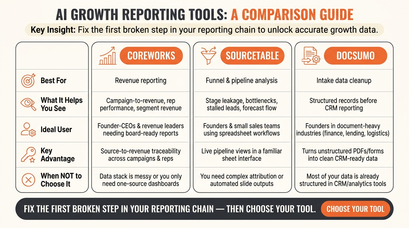 Coreworks vs Sourcetable vs Docsumo: AI Growth Reporting Tools Compared
