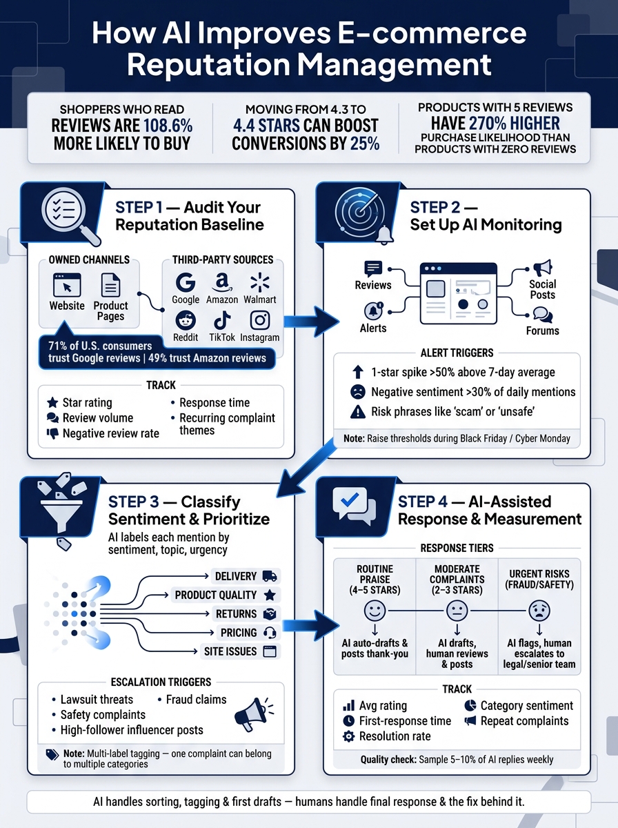 How AI Powers E-commerce Reputation Management: 4-Step Framework