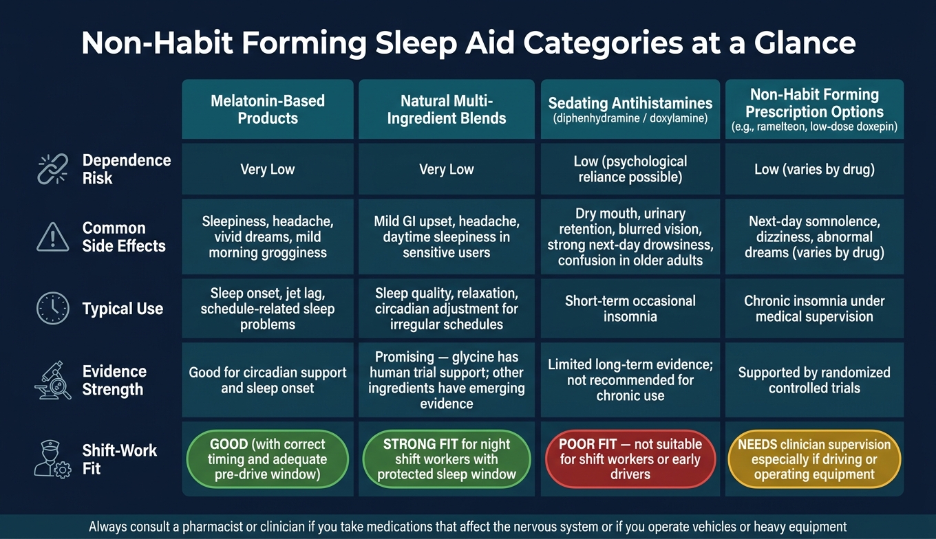 Non-Habit Forming Sleep Aid Categories: Side Effects, Evidence & Shift-Work Fit
