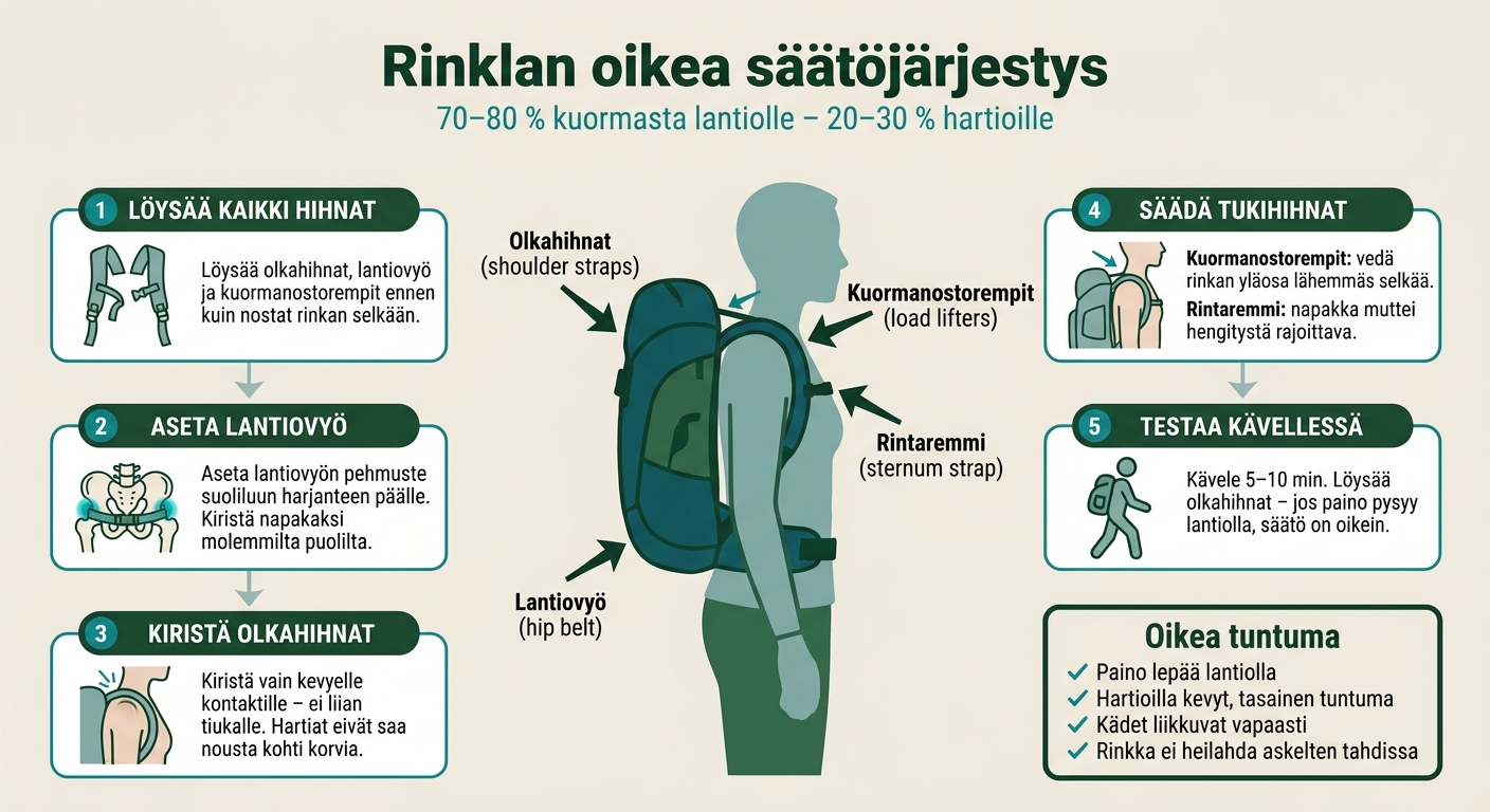 Rinkan oikea säätöjärjestys – 5 vaihetta ergonomiseen kantamiseen