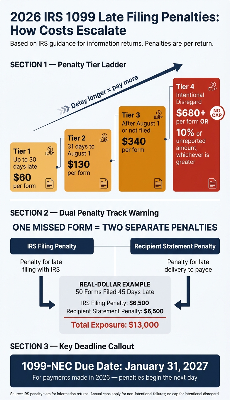 2026 IRS 1099 Late Filing Penalty Tiers & Cost Calculator
