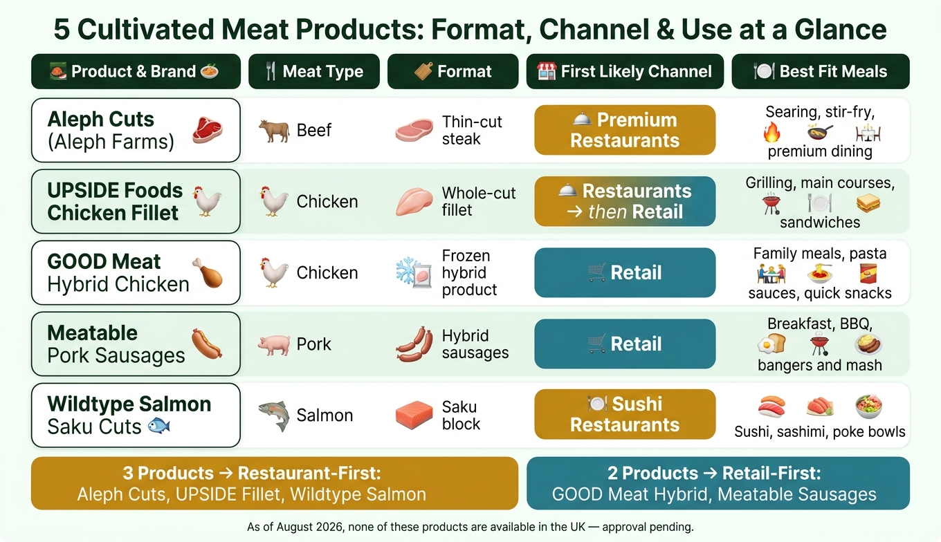 5 Cultivated Meat Products: Format, Channel & Use at a Glance