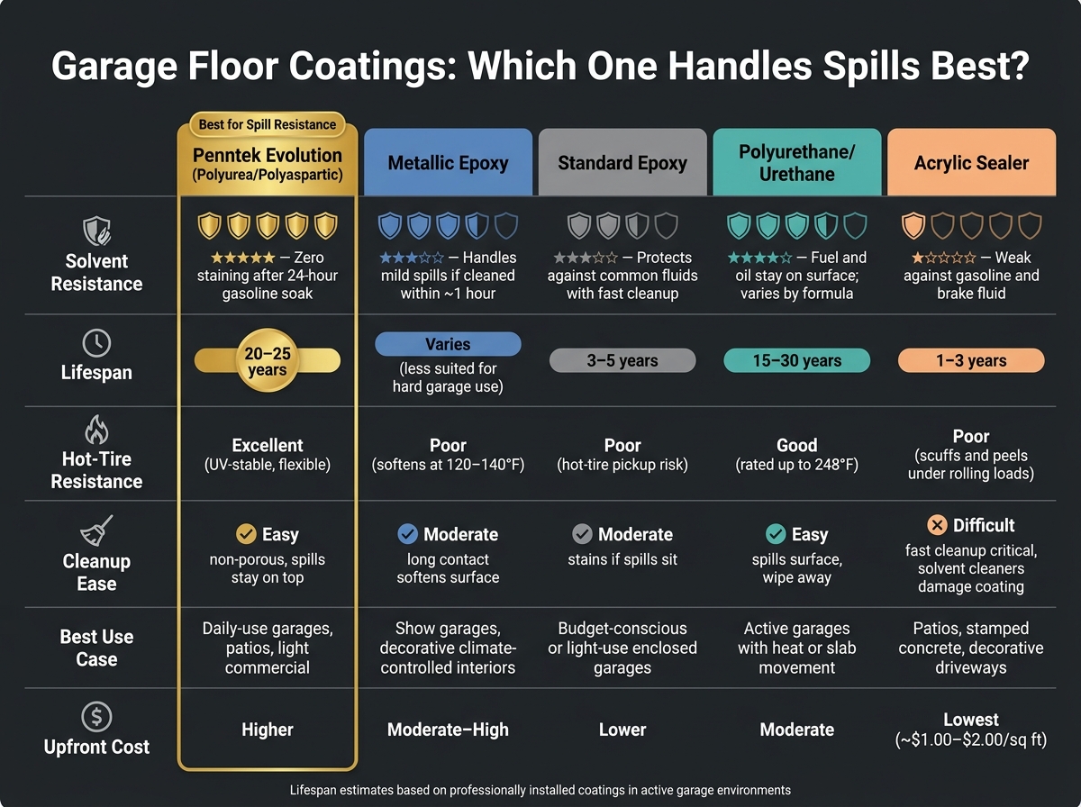 Penntek Coatings And Solvent Exposure 1 Garage Floor Coatings Compared: Solvent Resistance, Lifespan & Best Use