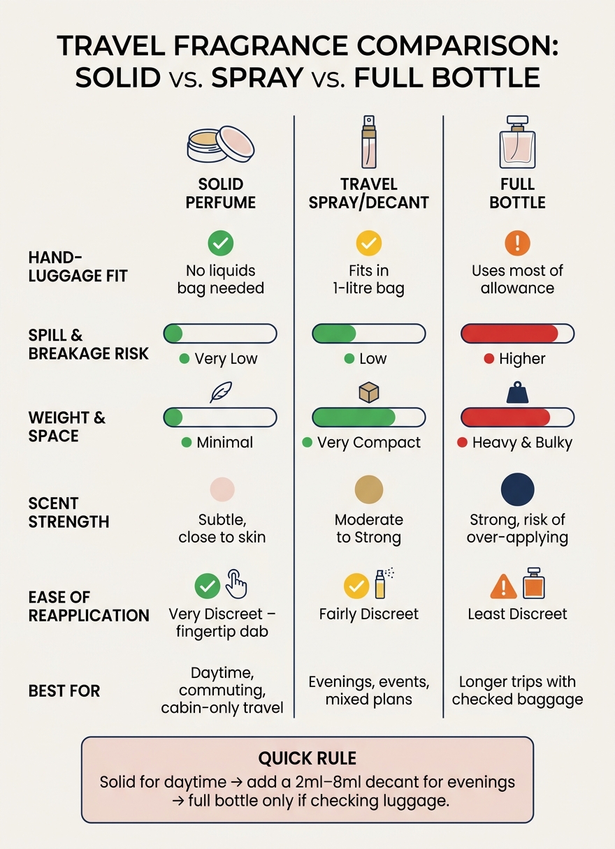 Solid Perfume vs Travel Spray vs Full Bottle: Travel Format Comparison
