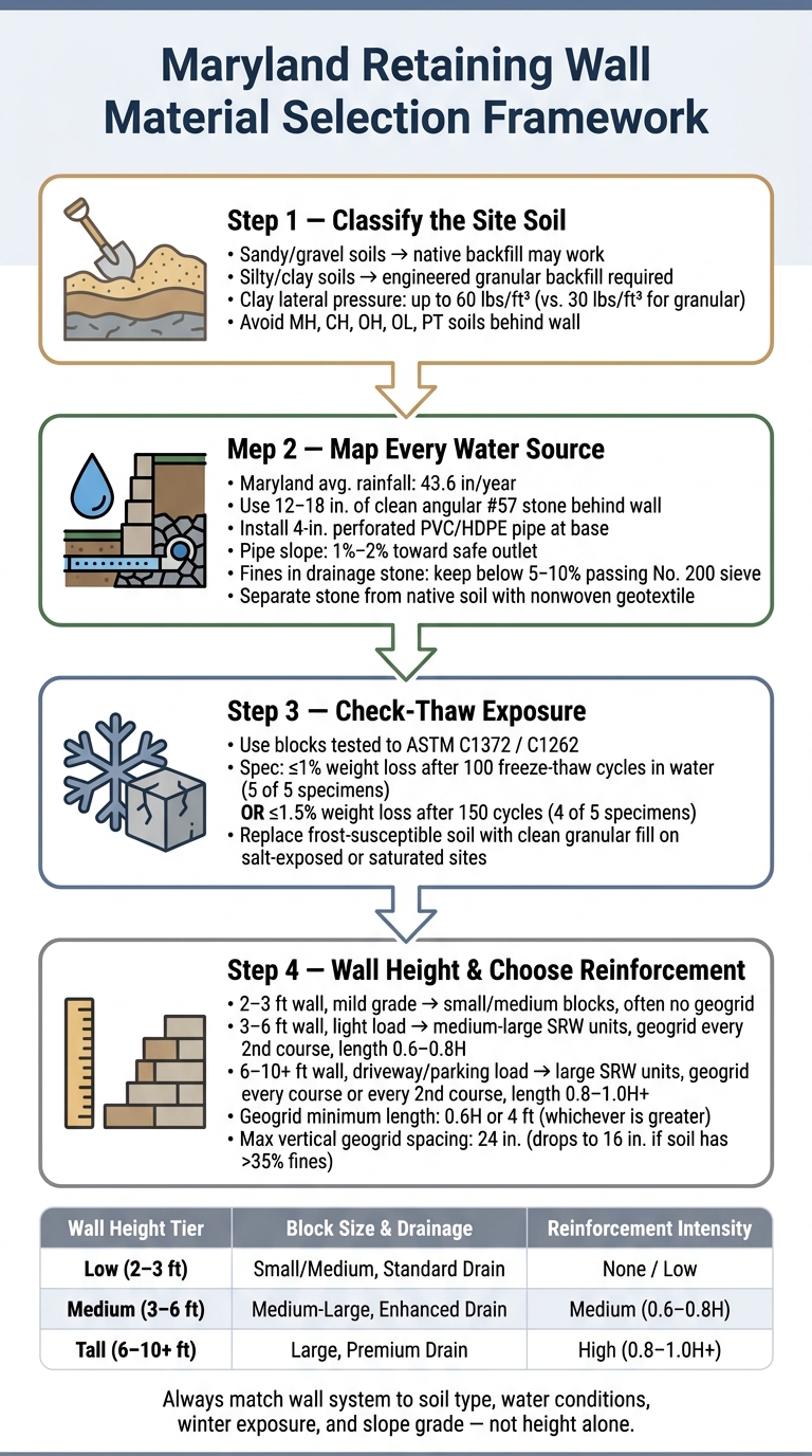 Maryland Retaining Wall Material Selection: Soil, Water, Winter & Slope Guide