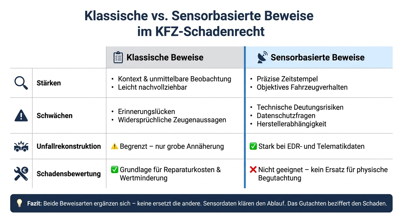 Klassische vs. Sensorbasierte Beweise im KFZ-Schadenrecht