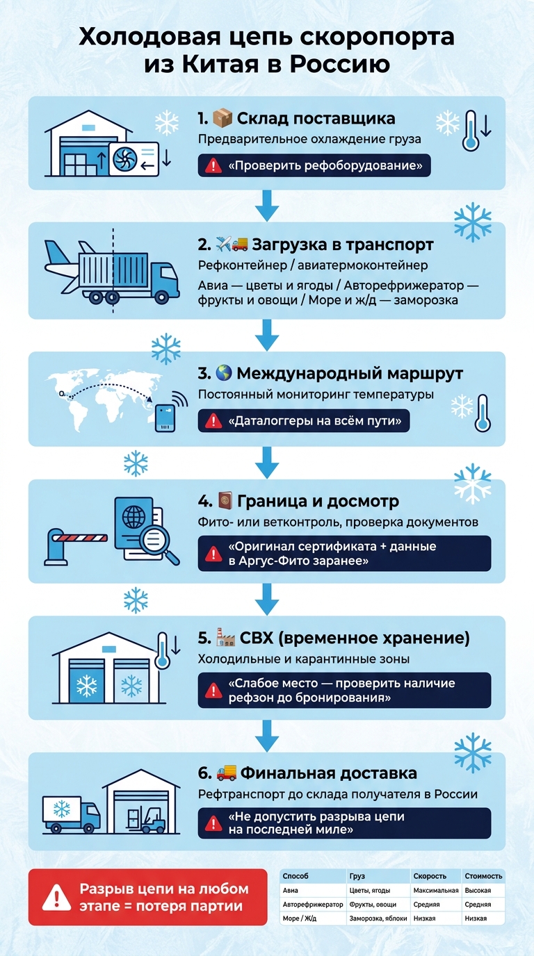 Холодовая цепь скоропорта из Китая: этапы и риски