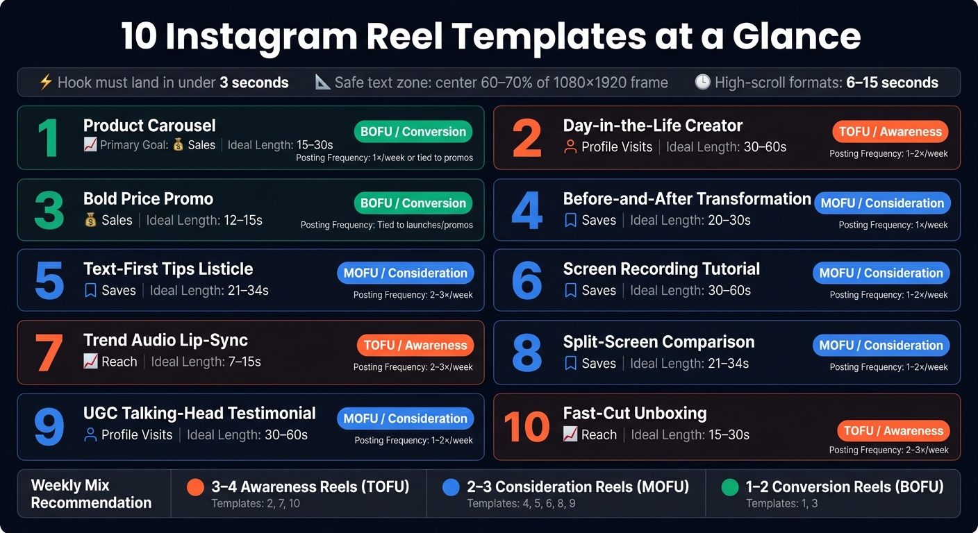 10 Instagram Reel Templates: Goals, Length & Funnel Stage