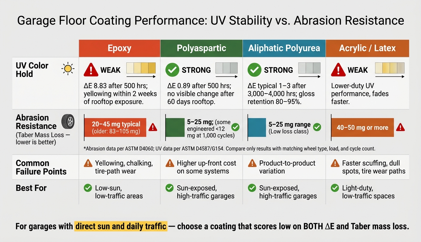 Garage Floor Coating Studies: Uv And Wear Results 1 Garage Floor Coating Comparison: Uv Stability & Abrasion Resistance By Type