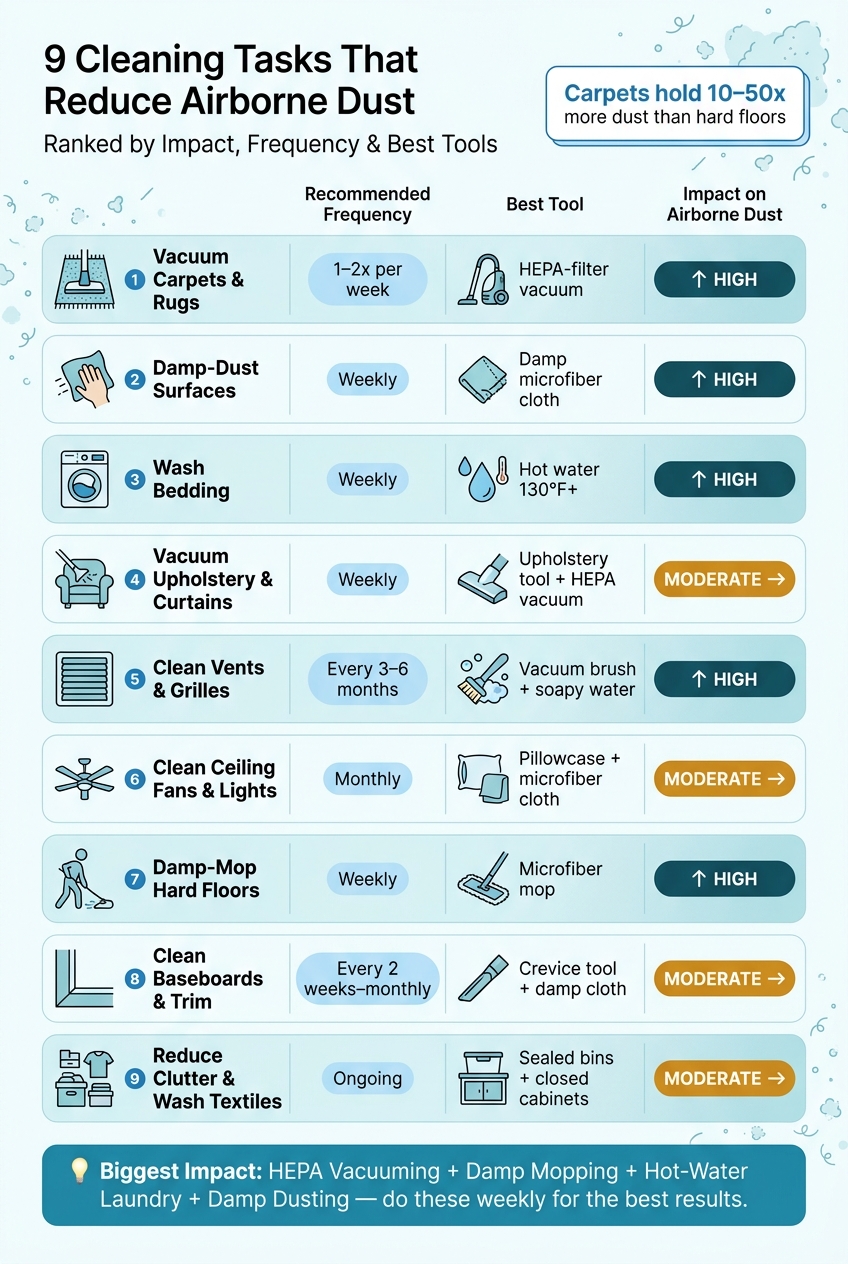 9 Cleaning Tasks That Reduce Airborne Dust: Frequency, Tools & Impact