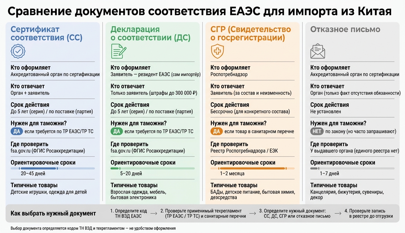 Сертификат, декларация, СГР и отказное письмо: сравнение для импортёра из Китая