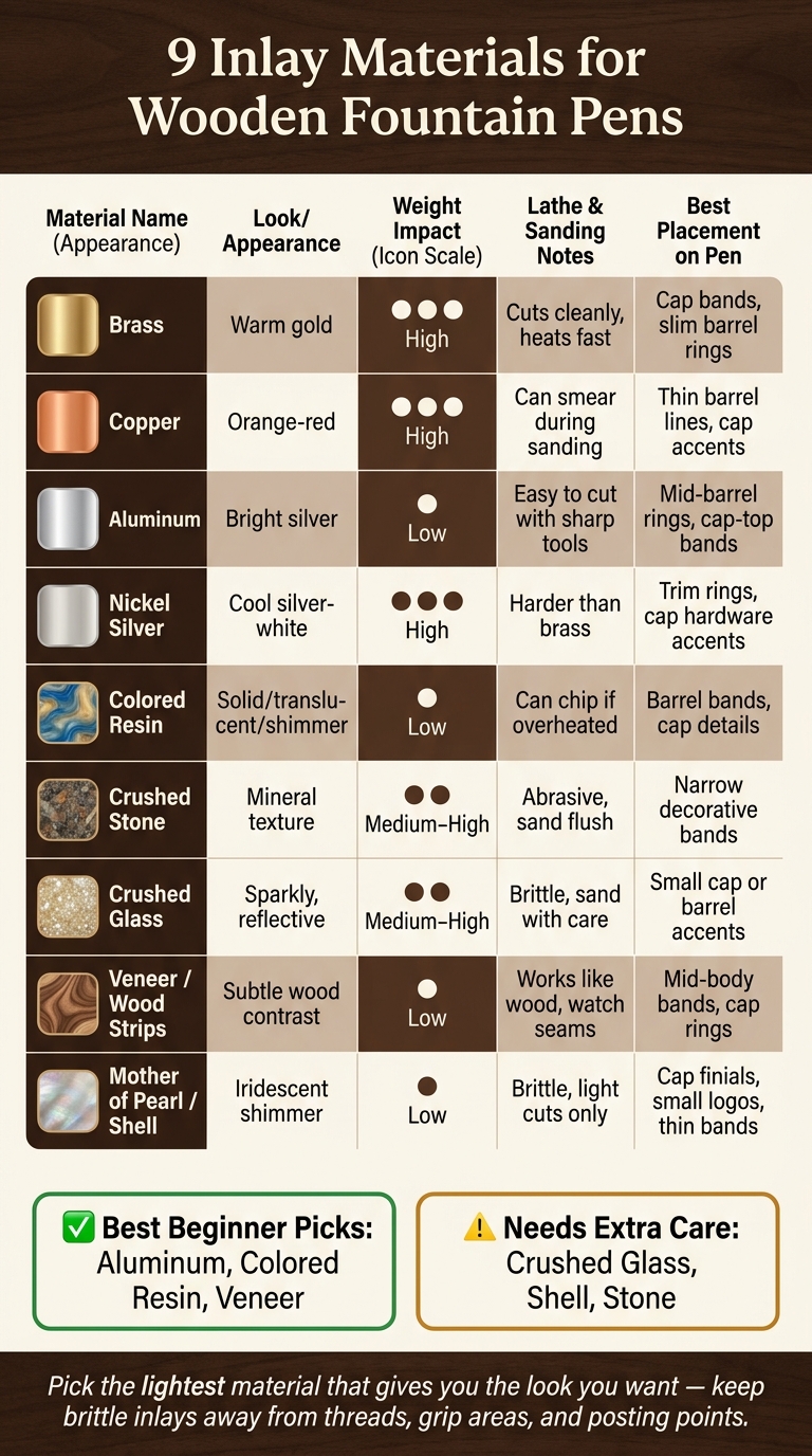 9 Inlay Materials for Wooden Fountain Pens: Quick Comparison Guide