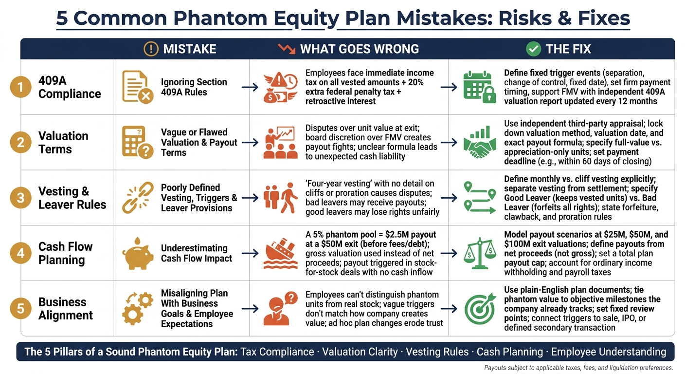 5 Phantom Equity Mistakes: Risks & Fixes at a Glance