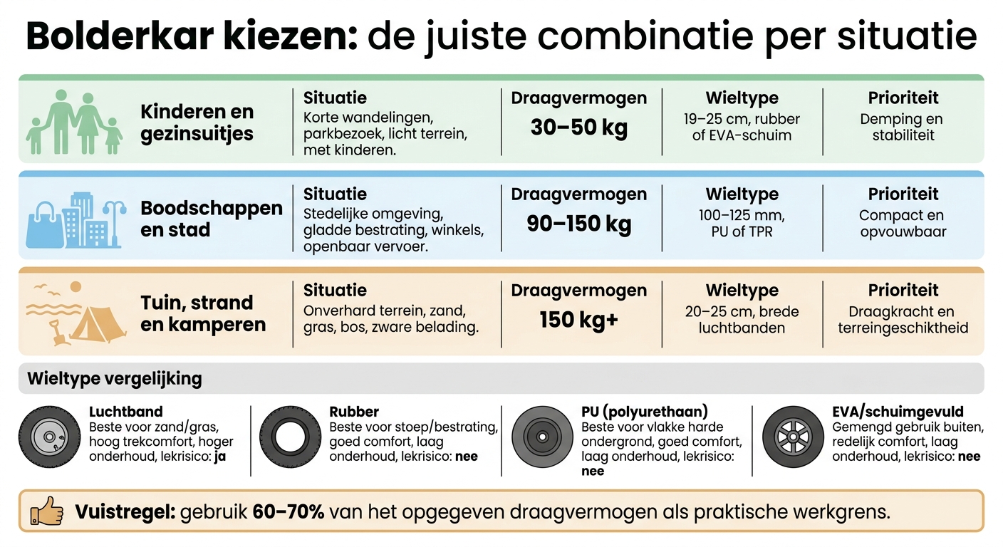 Bolderkar kiezen: draagvermogen, wielmaat en wieltype per situatie