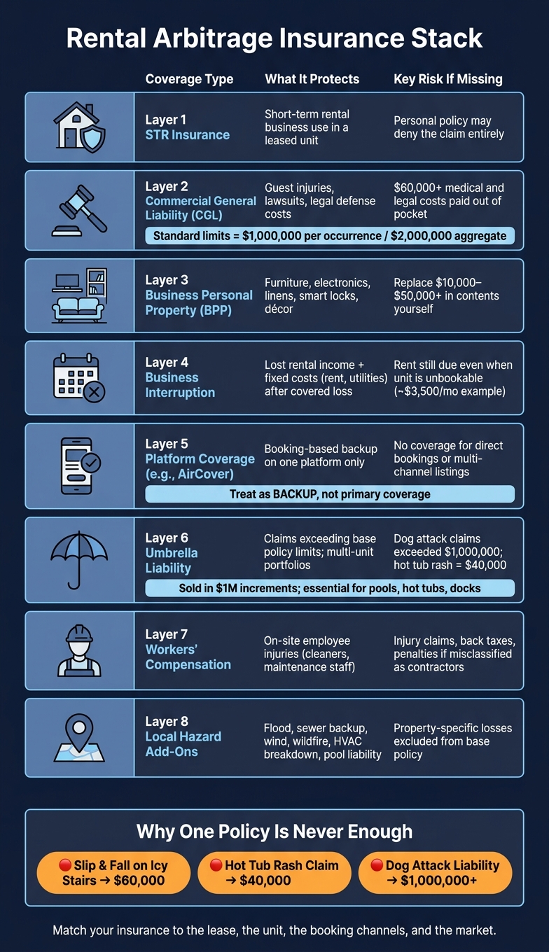 Rental Arbitrage Insurance Stack: Coverage Types, Costs & Gaps