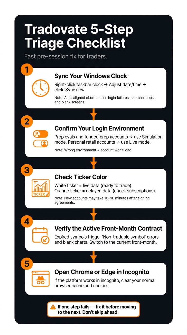 Tradovate Troubleshooting: 5-Step Triage Checklist