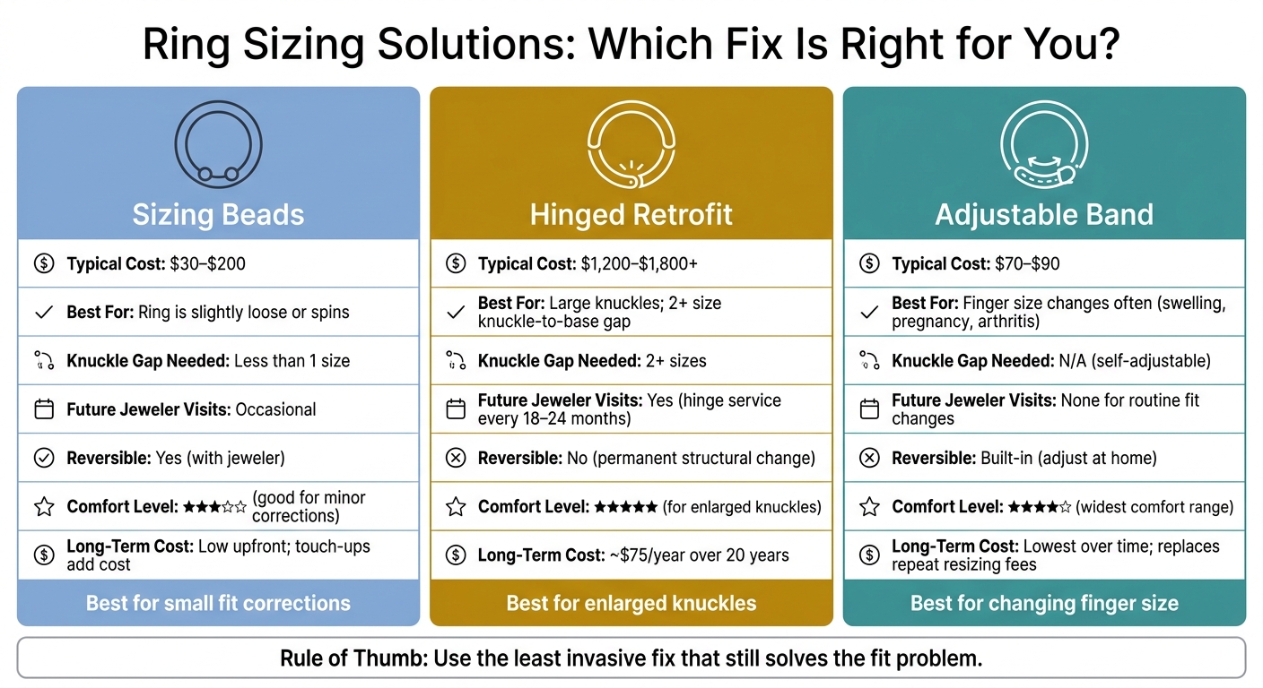 Sizing Beads vs Hinged Retrofit vs Adjustable Band: Cost & Fit Comparison
