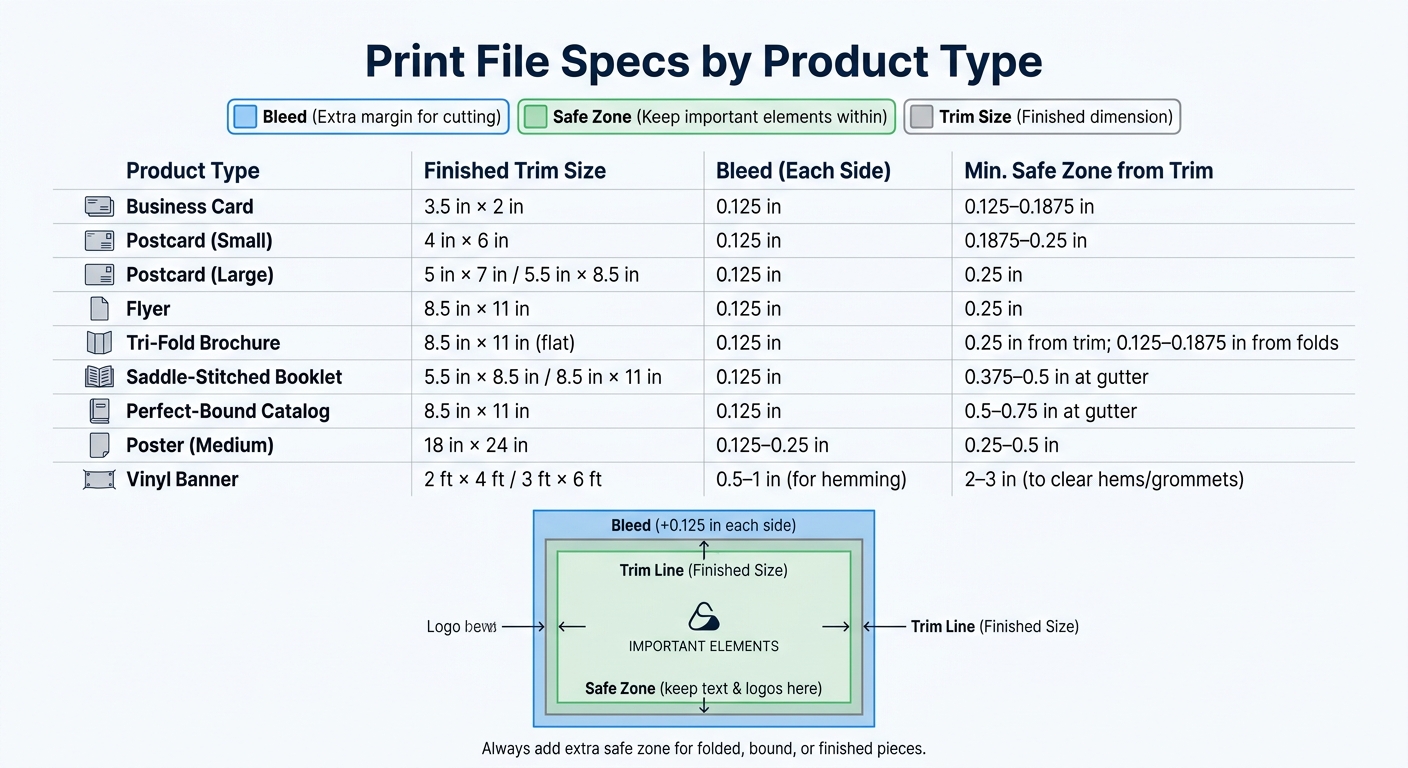 Print File Specs by Product: Bleed, Trim & Safe Zone Guide
