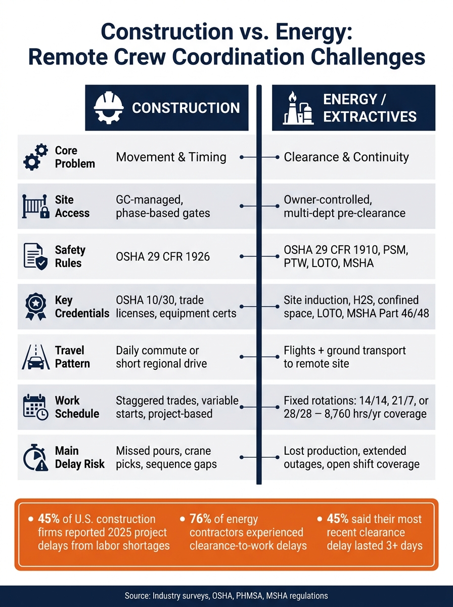 Construction vs. Energy: Remote Crew Coordination Challenges at a Glance